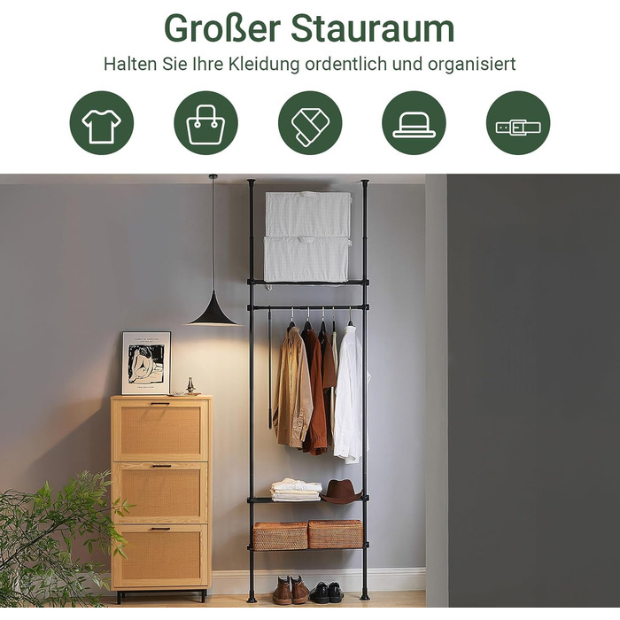 SoBuy Телескопічна вішалка для одягу, розширювана, чорна. Розсувна шафа з полицями для спальні, підлоговий гардероб SoBuy KLS07-SCH