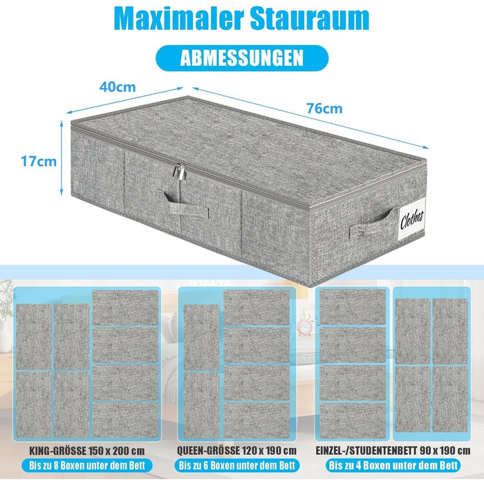 Коробки для зберігання під ліжко з кришкою, 2 шт., сірі, 76x38x17 см. Складані контейнери для одягу, ковдр та постільної білизни. Організація простору в шафі.