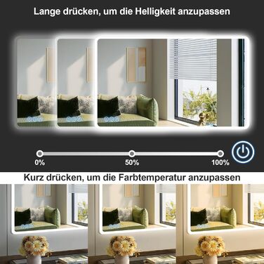 Дзеркало для ванної кімнати з підсвічуванням 100x60 см, сенсорні кнопки, IP65, 3 режими кольору, функція пам'яті, HD скло, горизонтальне/вертикальне встановлення