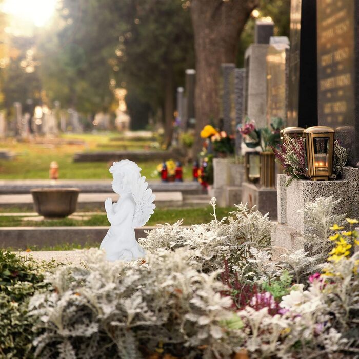 Relaxdays Guardian Angel, kneeling & praying, graceful, weather-resistant, frost-proof, grave ornament, protective angel, artificial stone, white