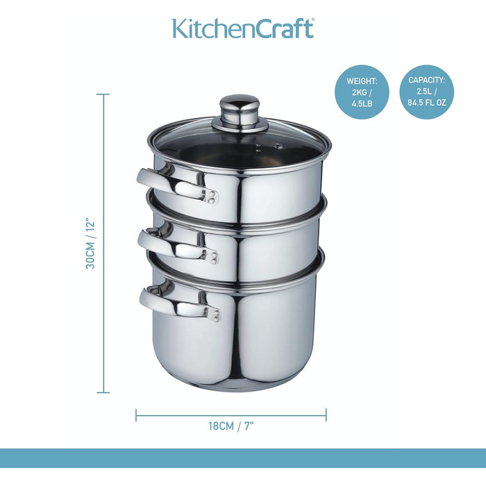 Набір каструль KitchenCraft 3 шт. з пароваркою, суповою каструлею, індукційне дно, нержавіюча сталь, подарункова коробка, 16 см, сріблястий