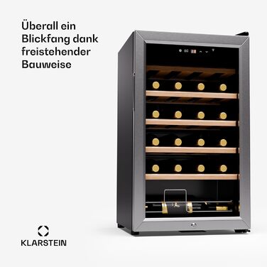 Klarstein Wine Fridge - 16/24 Bottle Wine Cooler with Glass Door - Stainless Steel - 5-18°C Temperature Control - Indoor/Outdoor Use