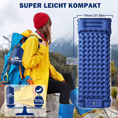 Isomatte Self-Inflating, Ultralight Inflatable Air Mattress, Camping Mattress with Foot Press Pump, Anti-Ripstop Portable Sleeping Pad Outdoor with Pillow for Hiking, Beach, Travel - Army Green (Single, Classic Blue)