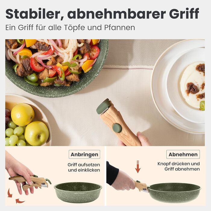 Набір посуду Dishdelight з антипригарним гранітним покриттям та знімними ручками, індукційні каструлі та сковороди з кришками, зелений колір