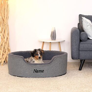 Lionto Dog Bed with Reversible Cushion and Washable Cover, Stable Dog Basket with Anti-Slip Studs, 92x72 cm, Cozy Pet Bed for Dogs and Cats with Plush, (Grey, L 83 x W 63 x H 27 cm (with name tag))