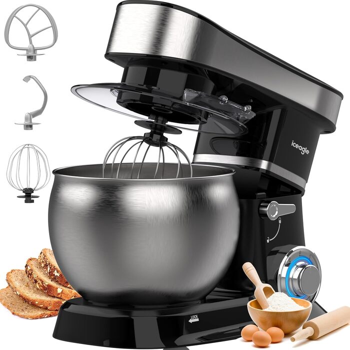 Кухонна машина з чашею 6л з нержавіючої сталі, міксер для тіста з Flexi-мішалкою, гаком для тіста та вінчиком, 6 швидкостей, 1500 Вт