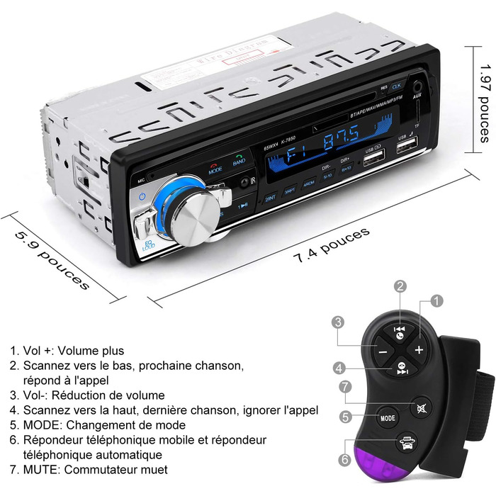 Автомобільна магнітола 1 DIN з Bluetooth та гучним зв'язком, 21.4 x 15 x 8.4 см