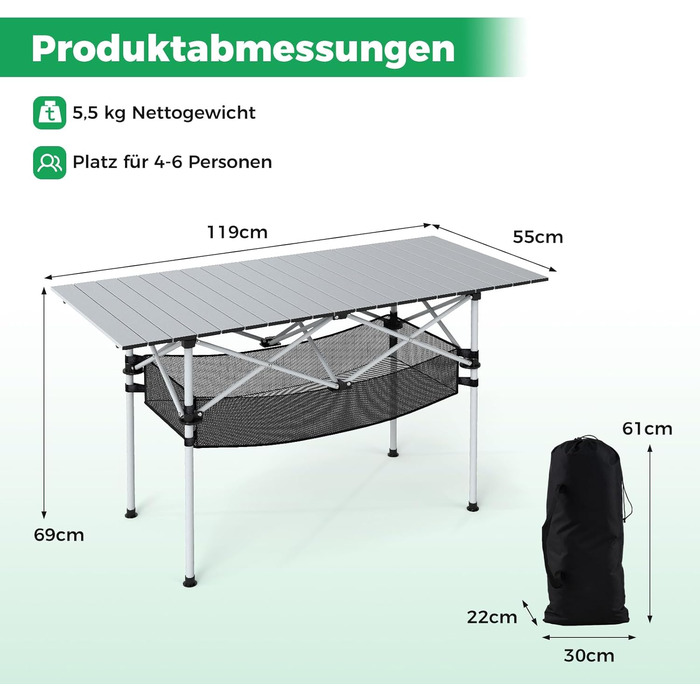 Складний кемпінговий стіл COSTWAY 119x55 см з алюмінієвою стільницею та сітчастою корзиною, до 100 кг, з сумкою для перенесення - для кемпінгу, саду (Срібний)