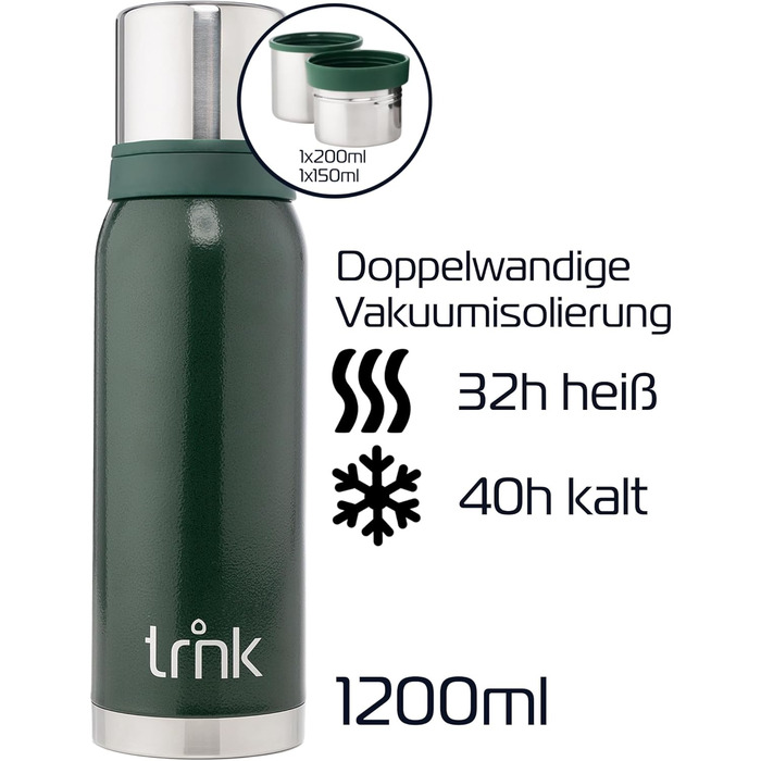 Термос Outdoor Arktis 2 - 1200 мл, нержавіюча сталь, BPA-free, 32 год, 2 стаканчики, для активного відпочинку, зелений