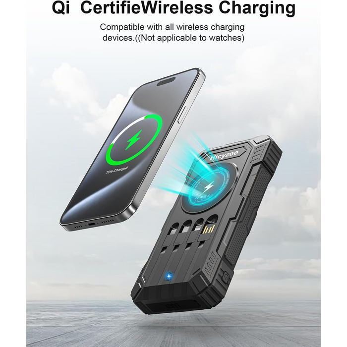 Сонячний повербанк 26800 mAh з 4 кабелями, швидка зарядка USB-C, Qi бездротова зарядка, LED ліхтарик – для телефонів, планшетів, кемпінгу (Чорний)