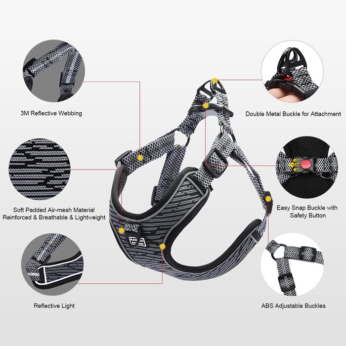 Нашийник для собак середніх та маленьких порід, цуценят, анти-тяга, безпечний, світловідбиваючий, м'який, регульований (Сірий)