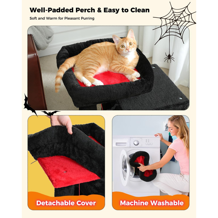 PETEPELA Scratching Post with Dual Condos for Apartment Cats, All-in-One Cat House with Padded Perch, Scratch Ramp & Post, and Replaceable Balls (Black, S 77cm)