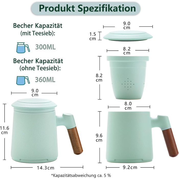ZENS Teacup with Lid and Infuser, 360 ml Wooden Handle Teacup with Tea Strainer and Lid for Loose Leaf Tea, Matte Ceramic Teacups Gifts for Tea Lovers, Hand-Sprayed Light Green Glaze