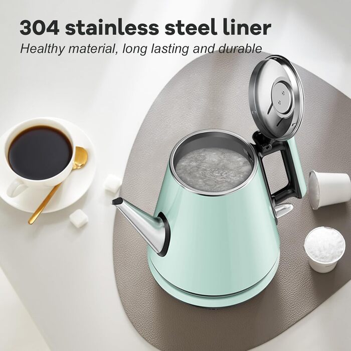 Електричний чайник 0.9л з нержавіючої сталі 304, 1360W, швидке кип'ятіння за 4-6 хвилин, класичний компактний дизайн, сенсорна кнопка, автоматичне відключення та захист від перегріву, для дому, офісу, для кави, зелений