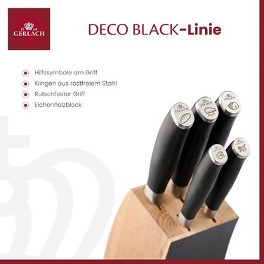 Gerlach Deco Black Knife Block Set - 5-Piece Stainless Steel Kitchen Knife Set with Wooden Block