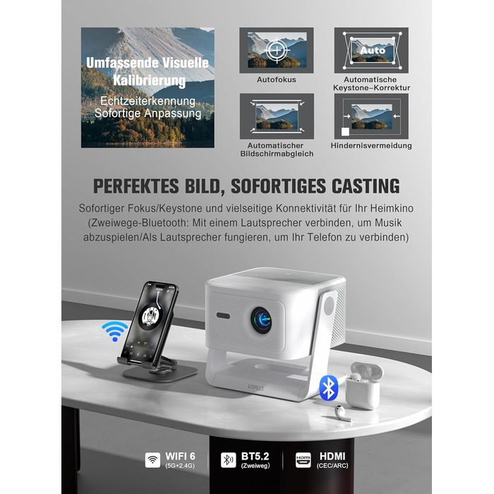 Портативний проєктор Mini Beamer: 1080P Full HD, 600ANSI, WiFi6, Bluetooth, 4K, Zoom 50%, 360° обертання, для домашнього кінотеатру, сумісний з телефоном