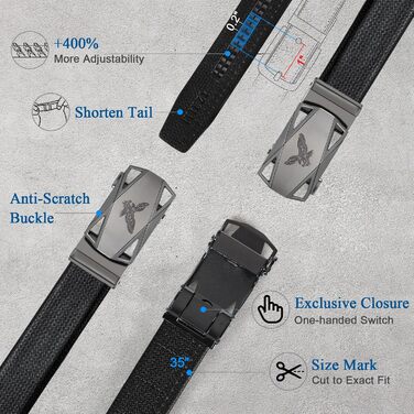 Чоловічий шкіряний ремінь ITIEZY з автоматичною пряжкою, без отворів, 35 мм, для ділового костюма, чорний, регульований розмір 103-110 см