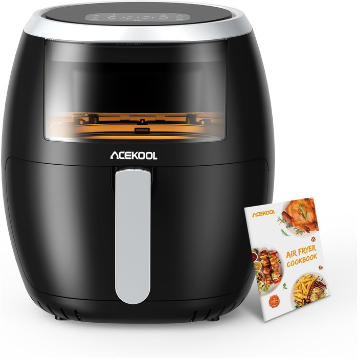 Hot Air Fryer, XXL Hot Air Fryer Oil-Free 8L 1800W, Air Fryer with Recipe Book in German, 8 Programs, Adjustable Temperature Control Acekool Gray