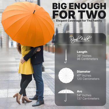 Гольф-парасолька Royal Walk XXL 54 дюйми (140 см) для 2 особи, штормстійка, легка, класична, дерев'яний руків'я, 16 ребер, унісекс (Помаранчевий)