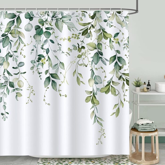 Штора для душу Bonhause Braun Eukalyptus Herbst: акварель, рослини, квіти 180x180 см. Водонепроникна, поліестер, з гачками (12 шт.)