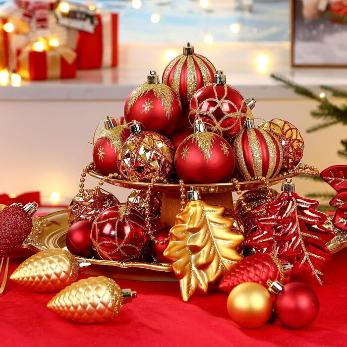 Набір прикрас для ялинки Shareconn: 106 шт., 24 кольори, міцні ялинкові кулі, декор для ялинки, свята, весілля (рубіново-червоний та золотий)