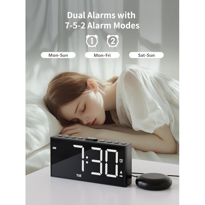ROCAM Vibration Alarm Clock, Loud Alarm Clock for Deep Sleepers, 7'' Large Display, Bold Font, Digital, Adjustable Brightness, Dual Alarm, Snooze, USB Charger, for Use in the Bedroom (white)