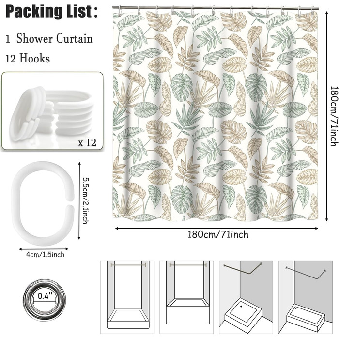 Текстильний душовий завіс 180x200 см, зелений, для ванної кімнати. З антибактеріальним покриттям, водонепроникний, з отворами та кільцями.