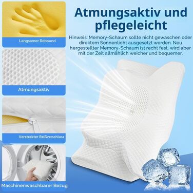 Ергономічна подушка для шиї та голови 2-в-1 з ефектом пам'яті (Memory Foam), ортопедична подушка для сну на боці, спині та животі, зі знімним чохлом, 62 x 39 x 11/13 см, чорна