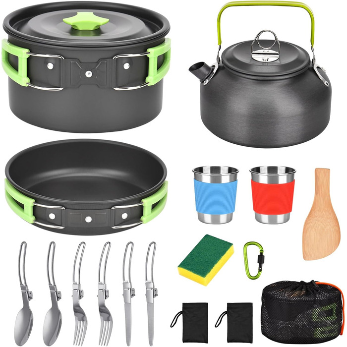 Набір посуду для кемпінгу на 17 частин: набір для приготування їжі на природі, пікніків, риболовлі та походів (2-3 особи)