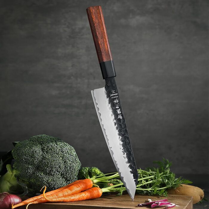 Японський ніж Kiritsuke Messer 21.5 см, сталь 3 шари, професійний, ручка з червоного дерева, дерев'яна піхва
