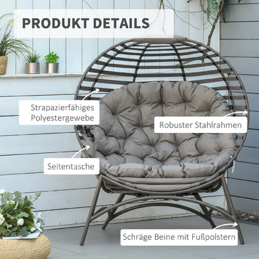 Крісло-мішок Outsunny Papasan, садове крісло, 2 кошика, подушка овальної форми, розкладне крісло для відпочинку, балкон, тераса, пісочно-коричневий колір, сталь, 118x75x139 см | Aosom
