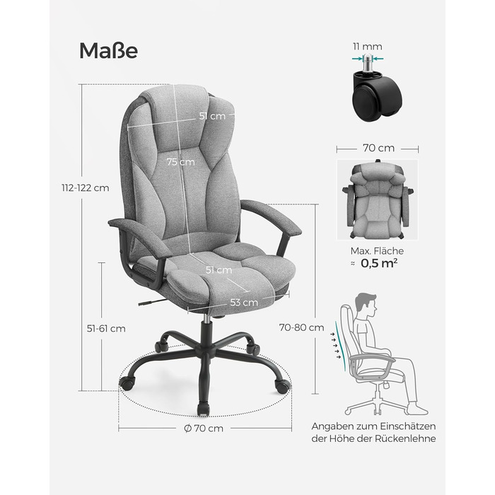 Крісло офісне SONGMICS, крісло для шефа, комп'ютерне крісло, регулювання висоти сидіння, чорне (сіро-чорний)