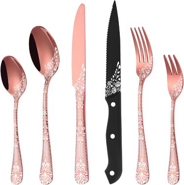 36-Piece Rose Gold Flatware Set for 6 People, HONKKU Stainless Steel Cutlery Set with Steak Knives, Polished Mirror Finish Cutlery Set with Floral Patterns, Fork Spoon Knife Set Dishwasher Safe