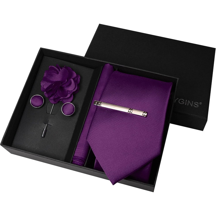Комплект краватки з твіду JEMYGINS для чоловіків: краватка, кишеньковий платок, запонки, краватки-кліпса, брош. Подарунковий набір для вечірок, бізнесу, весілля (фіолетовий)
