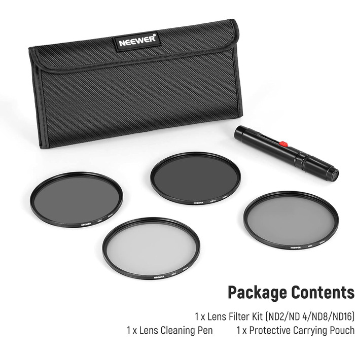 Набір нейтральних фільтрів Neewer ND2, ND4, ND8, ND16 для Canon, Nikon, Sony, Panasonic, DSLR (82mm)