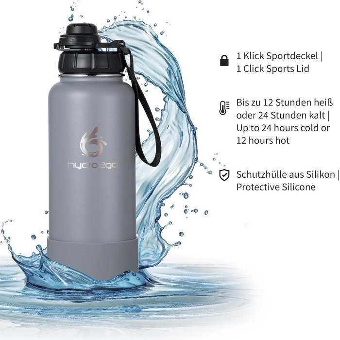 Термофляга Hydro2Go Edelstahl 950 мл з соломинкою - Ізольована, BPA-free, не протікає, 24 год холод/12 год гаряче, для спорту та активного відпочинку (срібляста)