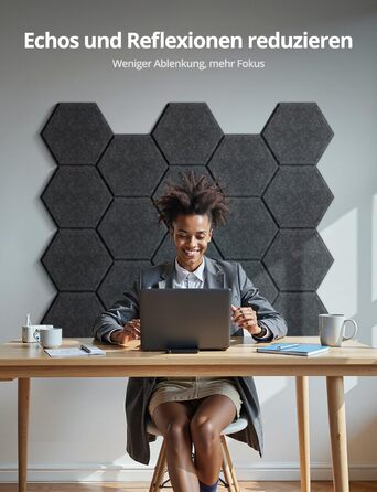 Акустичні гексагональні панелі самоклеючі для звукоізоляції, 12 шт, поглинач шуму для студії, вітальні, геймерської кімнати та офісу, 30 x 26 x 0,9 см (Темно-сірий)