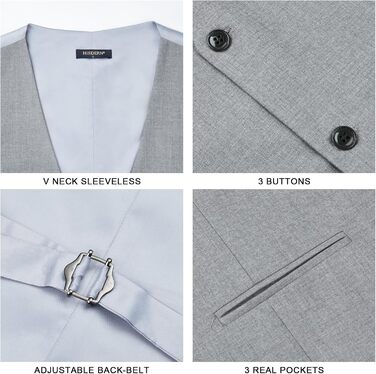 Жилет чоловічий HISDERN формальний елегантний, бавовна, однотонний V-подібний виріз з кишенями, для весілля, вечірки, бізнесу, сірий, XL
