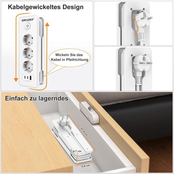 Мережевий адаптер з 2 USB-C (PD 20W) та 1 USB-A, 3 розетки з вимикачем, захист від перенапруги, компактний, для подорожей, 1,5м кабель. Мережева планка з 3 USB-портами