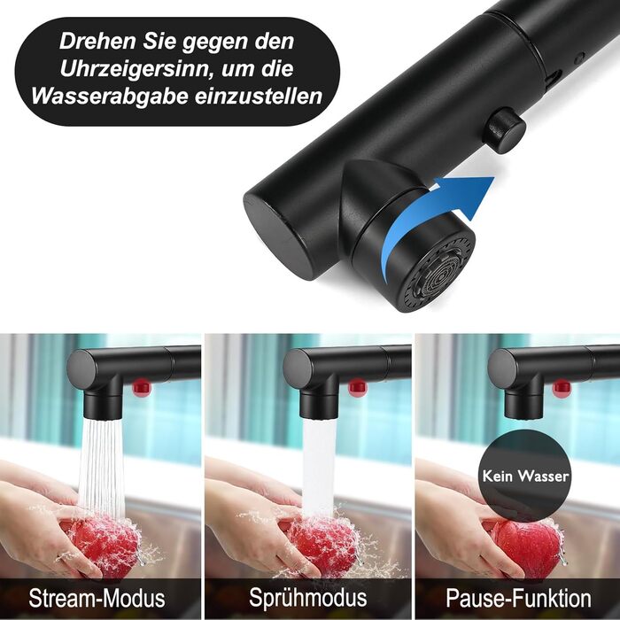 Кран кухонний висувний Cieex, 360° поворот, 4 режими, з душем, нержавіюча сталь, чорний