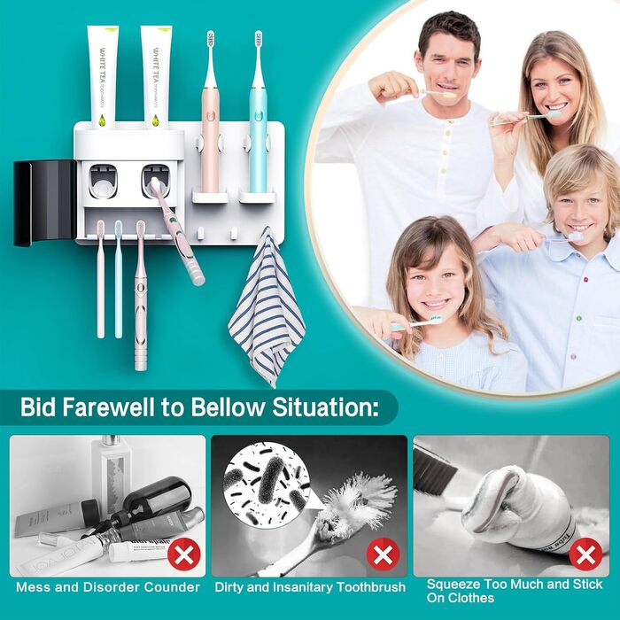 Automatic Toothpaste Dispenser, DENSAIL Toothbrush Holder for Wall Mounting with Dust-Proof Cover and 2 Toothpaste Dispensers, 2 Electric Toothbrush Holders, and 4 Toothbrush Organizer Slots