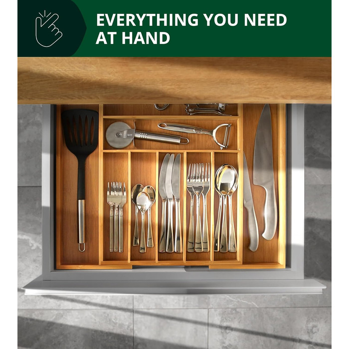 Органайзер для кухонних ящиків з бамбука – тримач для столових приборів та кухонного начиння (9 відділень, натуральний колір)