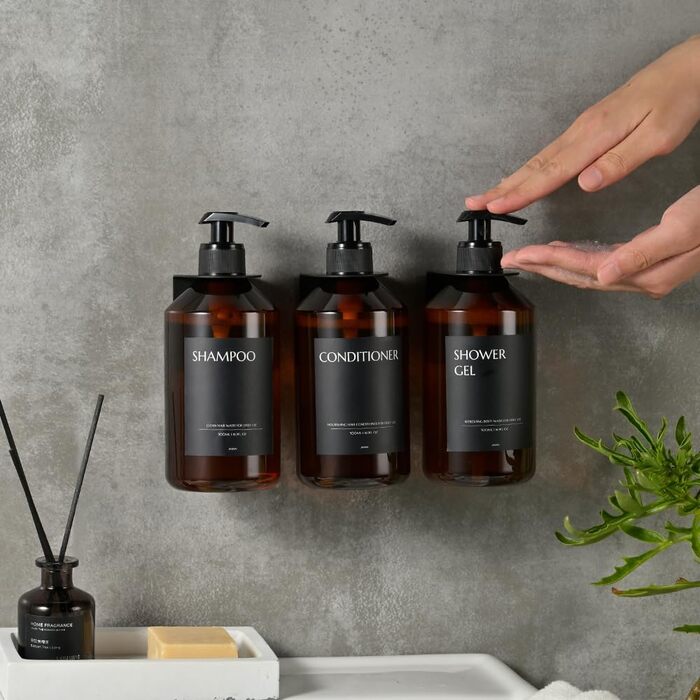 Набір з 3 сеппенсерів для кріплення на стіну, 500 мл, дозатори шампуню та гелю для душу, чорний колір, без свердління, для кухні та ванної кімнати (коричнева пляшка + чорна головка)