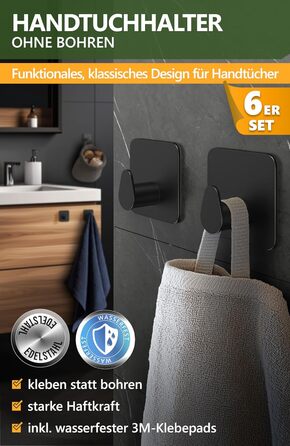 Набір тримачів для рушників 4smile (6 шт.) без свердління, з нержавіючої сталі, чорний. Клейкі гачки для ванної кімнати, міцна фіксація.