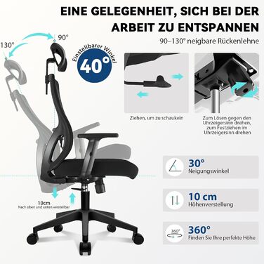 Ергономічне офісне крісло з регульованою спинкою та підголівником, до 150 кг, чорне X-Large