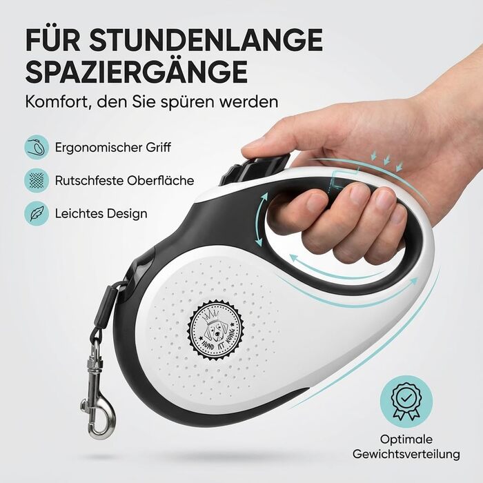 Витяжна поводок для собак HUND IST KÖNIG 8м для малих та великих собак | Міцний поводок до 50кг | Білий/Чорний