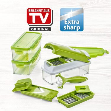 Genius Nicer Dicer Smart - набір для нарізки овочів та фруктів, 13 частин | Овочевий, цибулевий, фрутовий нарізник | Нарізання, кубики, соломка, стружка, чистка, зберігання | Мандоліна, мультиінструмент | Новий, 22.2 x 10 x 8.2 см, кольору ківі