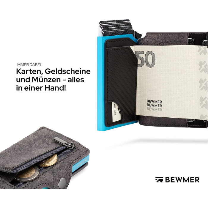 BEWMER Преміум картхолдер для кредитних карток | Смарт-портмоне для жінок та чоловіків з RFID захистом від копіювання | Шкіряне картхолдер-гаманець сірого кольору