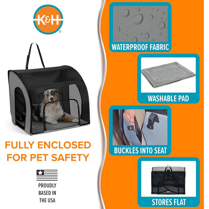 Кенійська переноска для тварин K&H PET Products - переноска для собак та котів у подорожах на авто, сіра/чорна, розмір L (56 x 56 x 65 см)
