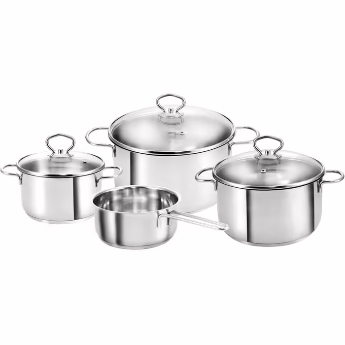 Merkur Stainless Steel Cookware Set - Induction Pots with Pouring Spout, Liter Scale, and Glass Lids – 4-Piece